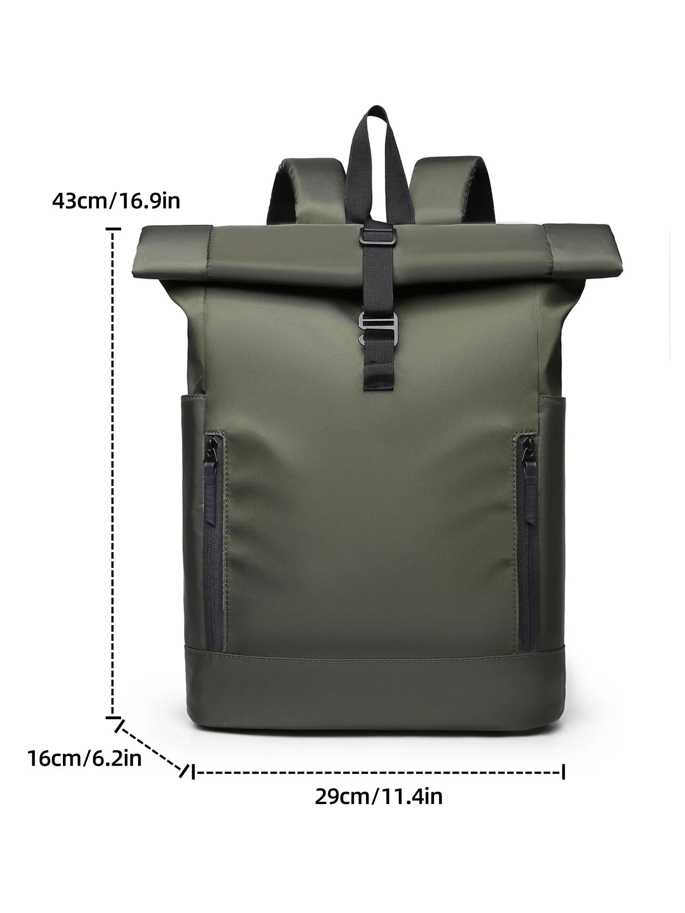 Green roll-top backpack with measurements on a white background